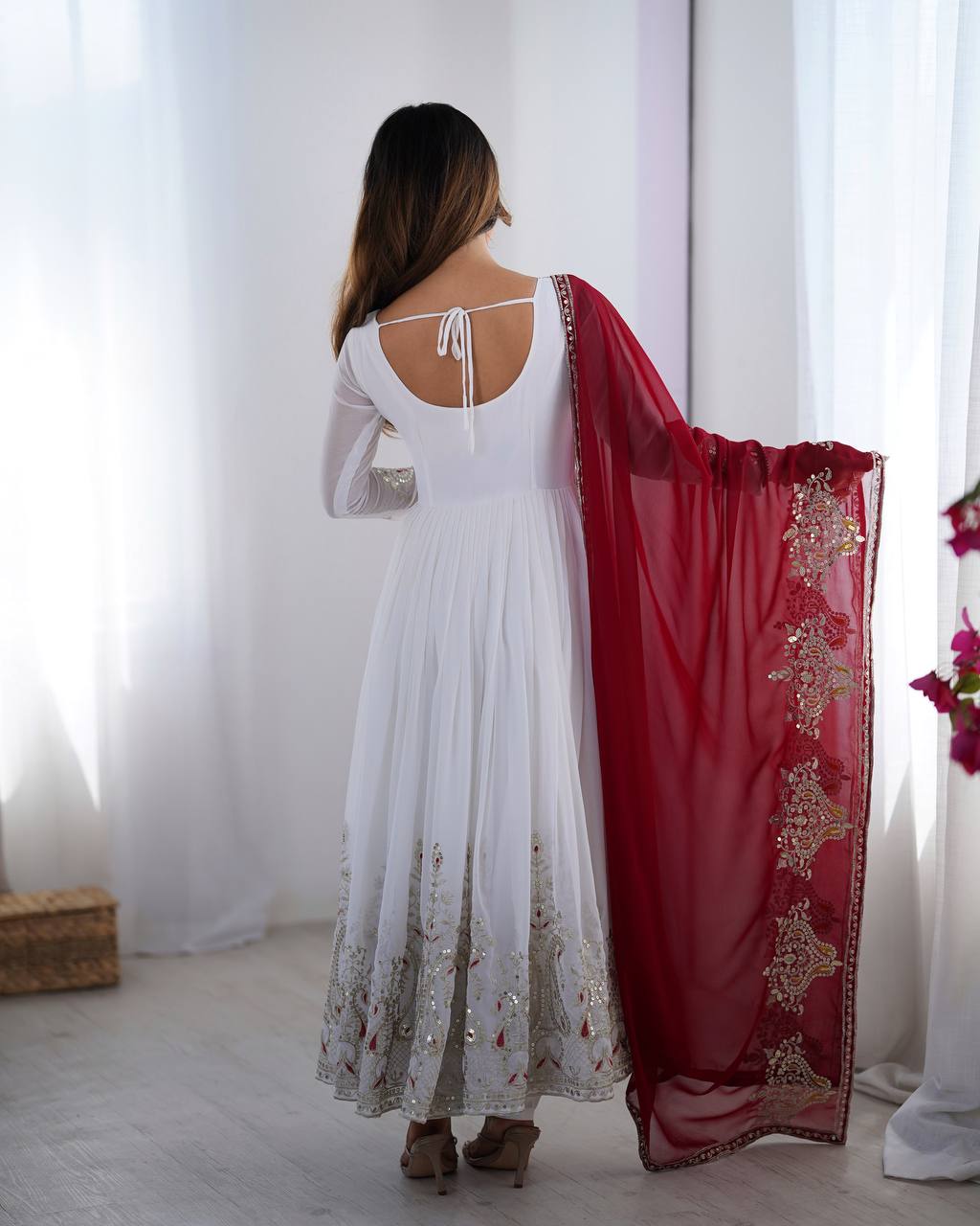 White Embroidered Anarkali Suit with Maroon Dupatta for Wedding