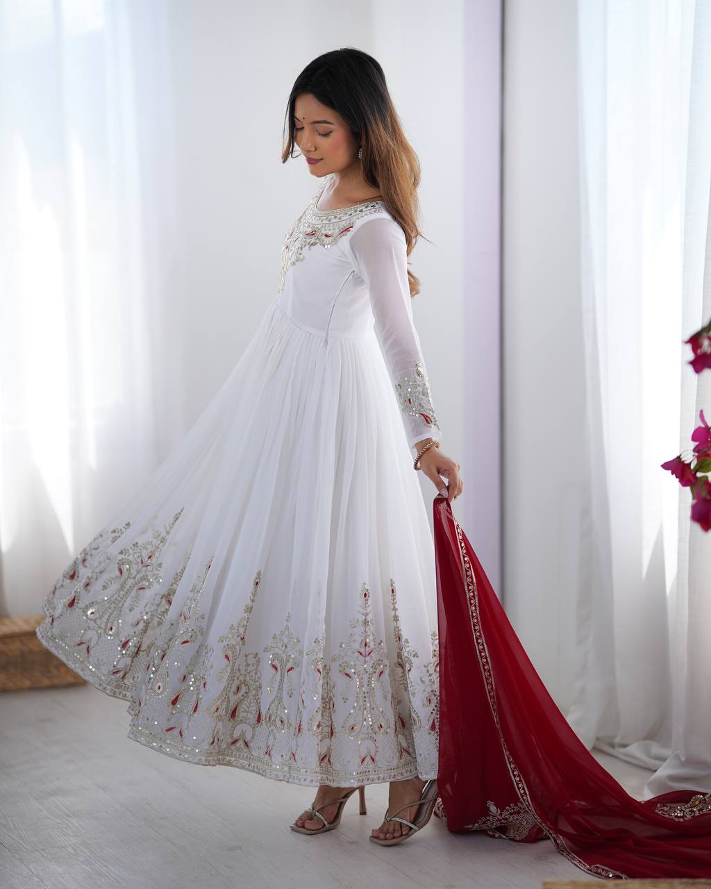 White Embroidered Anarkali Suit with Maroon Dupatta for Wedding