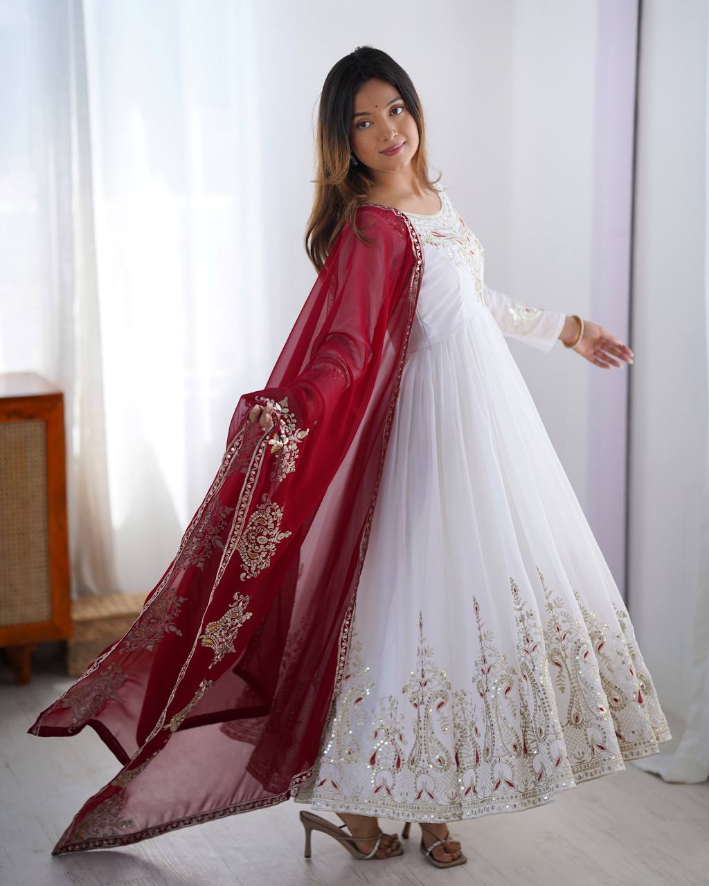 White Embroidered Anarkali Suit with Maroon Dupatta for Wedding