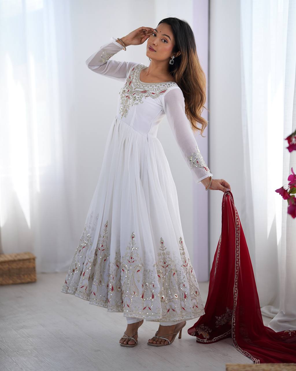 White Embroidered Anarkali Suit with Maroon Dupatta for Wedding