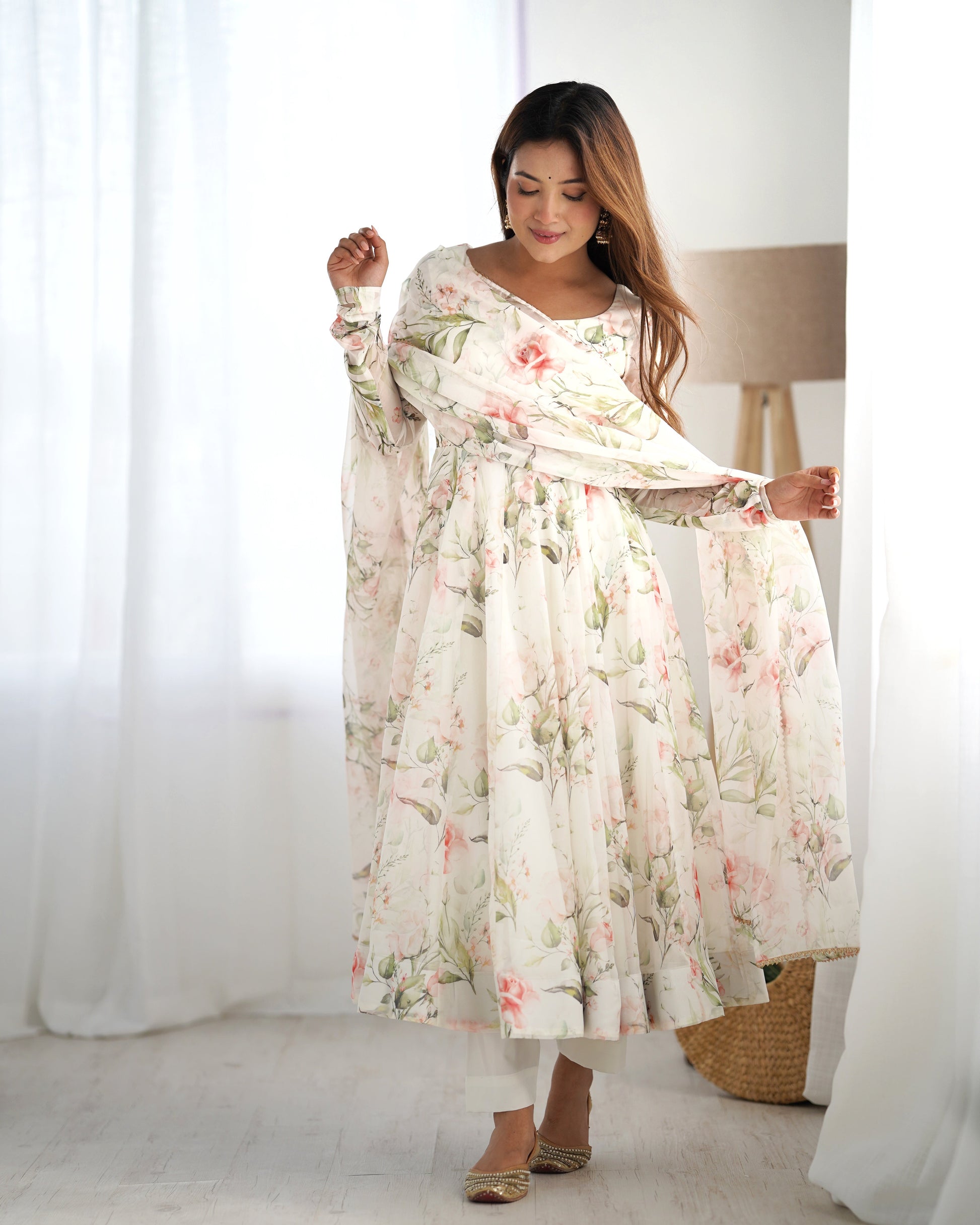 White Printed Anarkali suit main