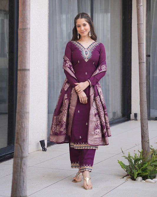 Wine Color Roman Silk Embroidered Three Piece Palazzo Suit Set