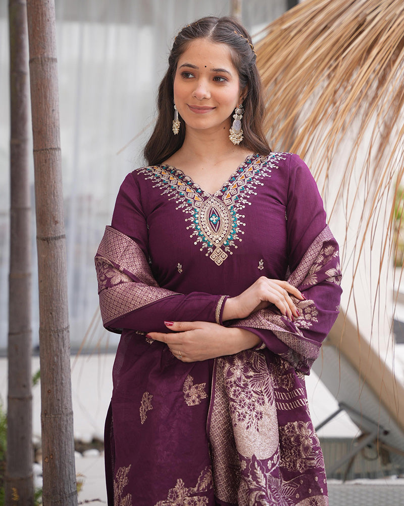 Wine Color Roman Silk Embroidered Three Piece Palazzo Suit Set