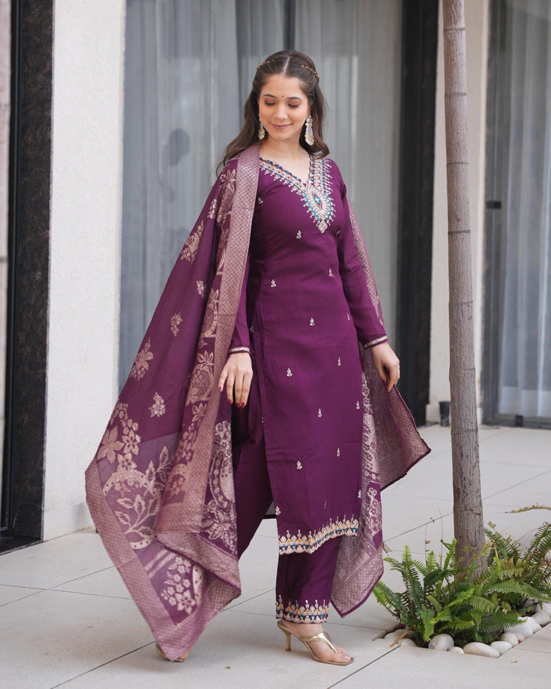 Wine Color Roman Silk Embroidered Three Piece Palazzo Suit Set