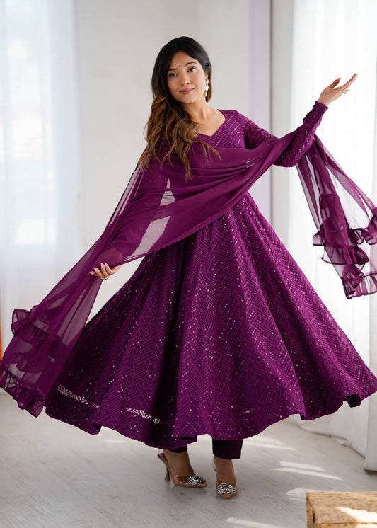 Wine Color Georgette Lucknowi Three Piece Anarkali Suit