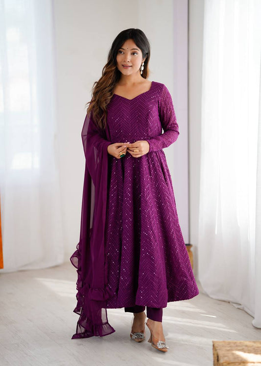 Wine Color Georgette Lucknowi Three Piece Anarkali Suit