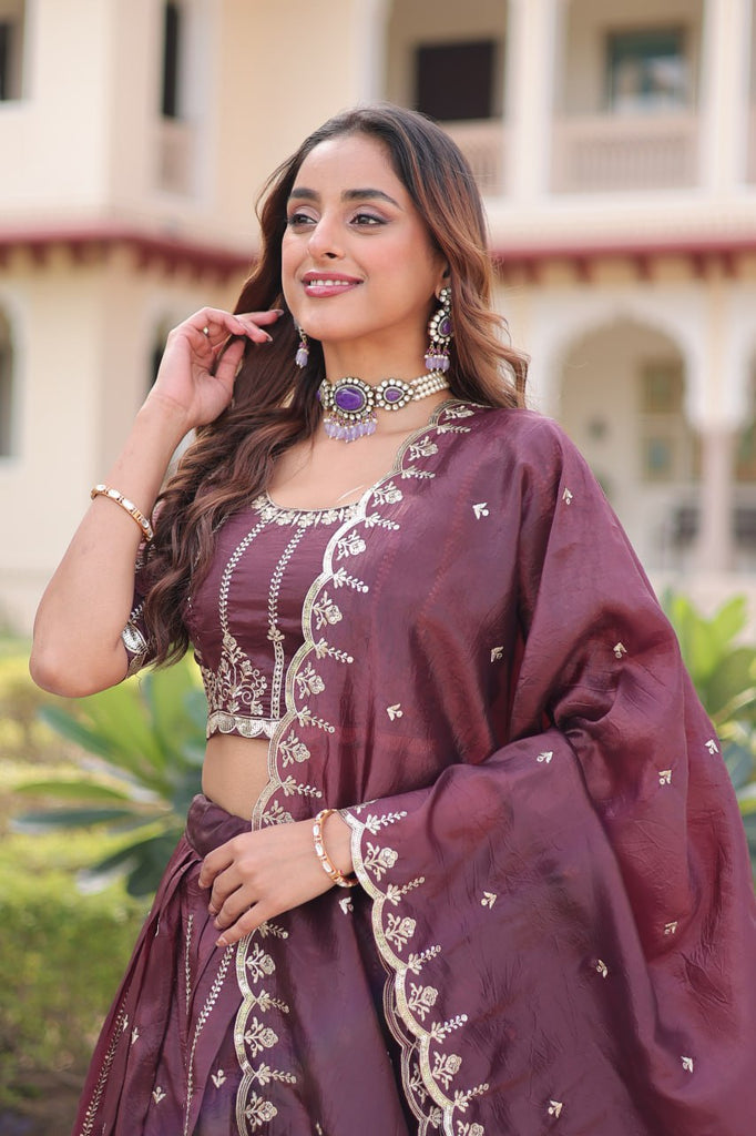 Wine Designer Gold Crush Sequins & Zari Embroidered Lehenga Choli Set with 3-Meter Flair & Lace Border Dupatta – Semi-Stitched Festive & Wedding Wear
