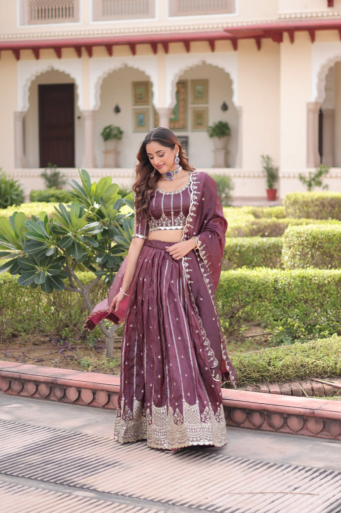 Wine Designer Gold Crush Sequins & Zari Embroidered Lehenga Choli Set with 3-Meter Flair & Lace Border Dupatta – Semi-Stitched Festive & Wedding Wear