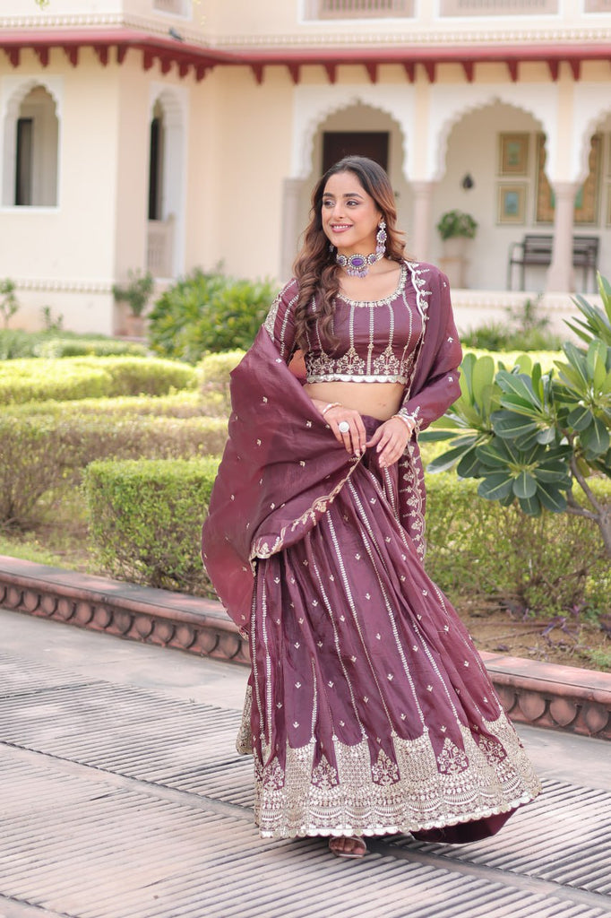 Wine Designer Gold Crush Sequins & Zari Embroidered Lehenga Choli Set with 3-Meter Flair & Lace Border Dupatta – Semi-Stitched Festive & Wedding Wear