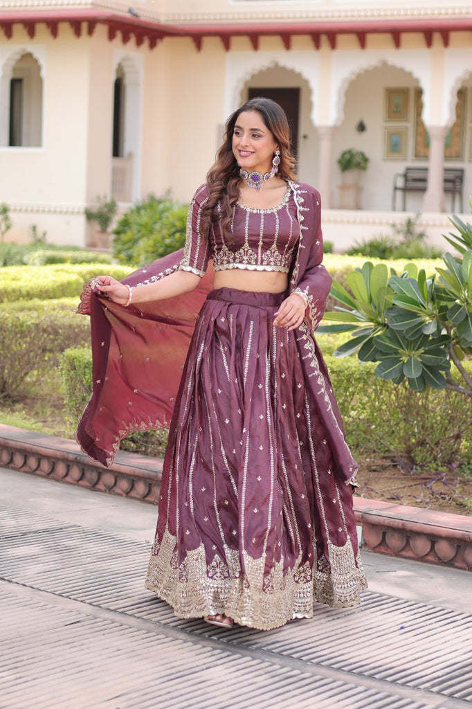 Wine Designer Gold Crush Sequins & Zari Embroidered Lehenga Choli Set with 3-Meter Flair & Lace Border Dupatta – Semi-Stitched Festive & Wedding Wear
