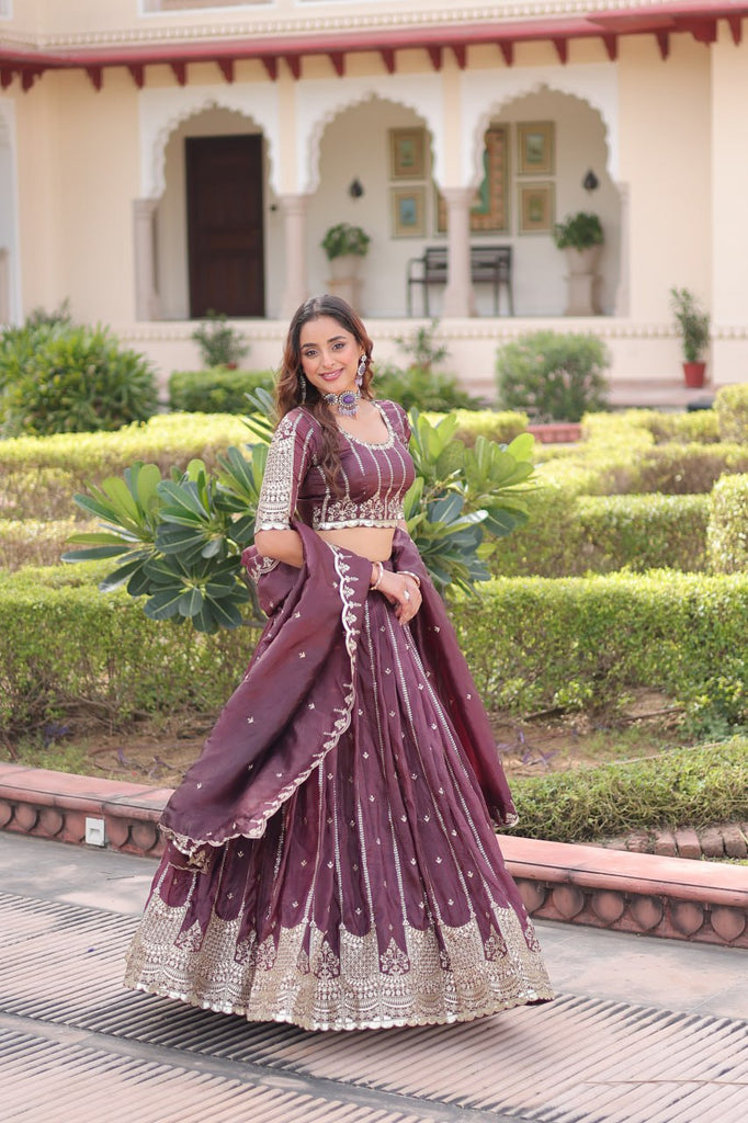 Wine Designer Gold Crush Sequins & Zari Embroidered Lehenga Choli Set with 3-Meter Flair & Lace Border Dupatta – Semi-Stitched Festive & Wedding Wear
