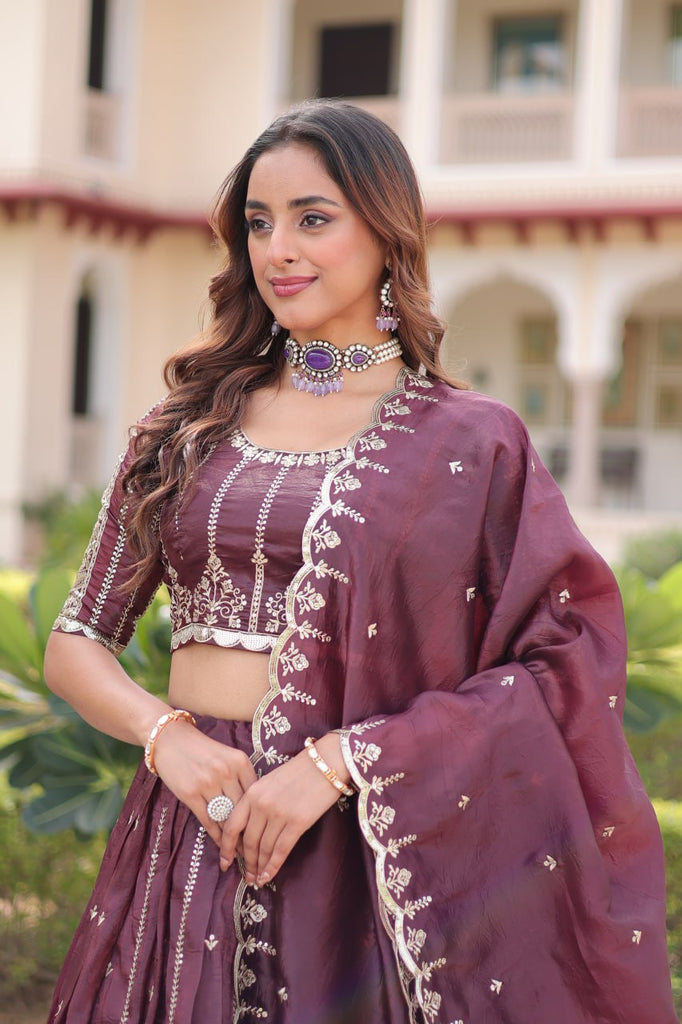 Wine Designer Gold Crush Sequins & Zari Embroidered Lehenga Choli Set with 3-Meter Flair & Lace Border Dupatta – Semi-Stitched Festive & Wedding Wear