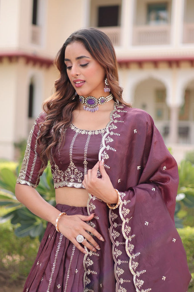 Wine Designer Gold Crush Sequins & Zari Embroidered Lehenga Choli Set with 3-Meter Flair & Lace Border Dupatta – Semi-Stitched Festive & Wedding Wear