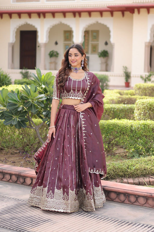 Wine Designer Gold Crush Sequins & Zari Embroidered Lehenga Choli Set with 3-Meter Flair & Lace Border Dupatta – Semi-Stitched Festive & Wedding Wear