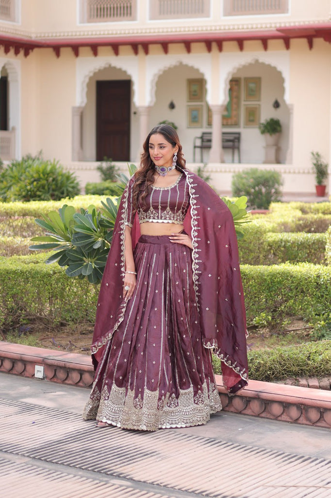 Wine Designer Gold Crush Sequins & Zari Embroidered Lehenga Choli Set with 3-Meter Flair & Lace Border Dupatta – Semi-Stitched Festive & Wedding Wear