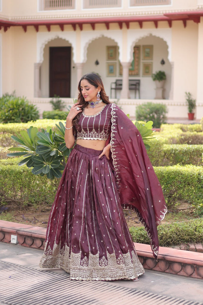 Wine Designer Gold Crush Sequins & Zari Embroidered Lehenga Choli Set with 3-Meter Flair & Lace Border Dupatta – Semi-Stitched Festive & Wedding Wear