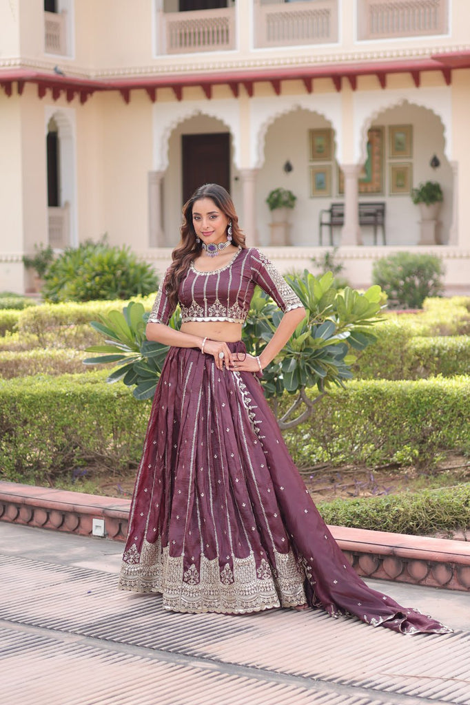 Wine Designer Gold Crush Sequins & Zari Embroidered Lehenga Choli Set with 3-Meter Flair & Lace Border Dupatta – Semi-Stitched Festive & Wedding Wear