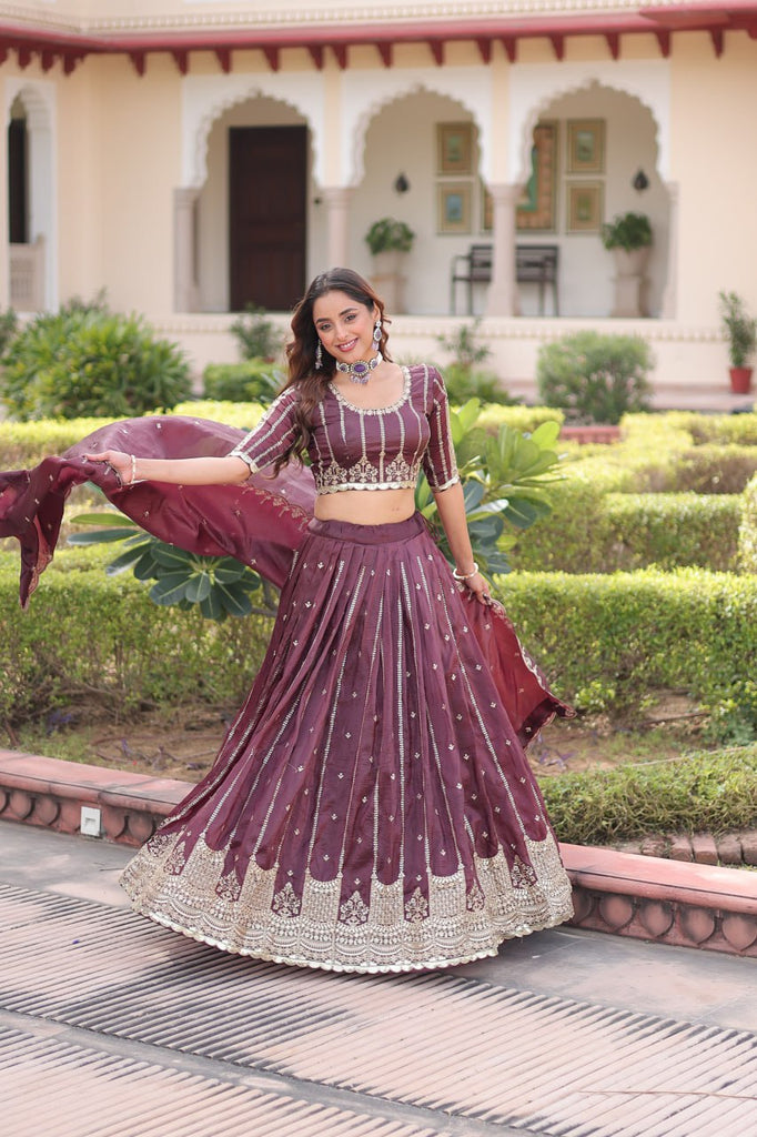 Wine Designer Gold Crush Sequins & Zari Embroidered Lehenga Choli Set with 3-Meter Flair & Lace Border Dupatta – Semi-Stitched Festive & Wedding Wear