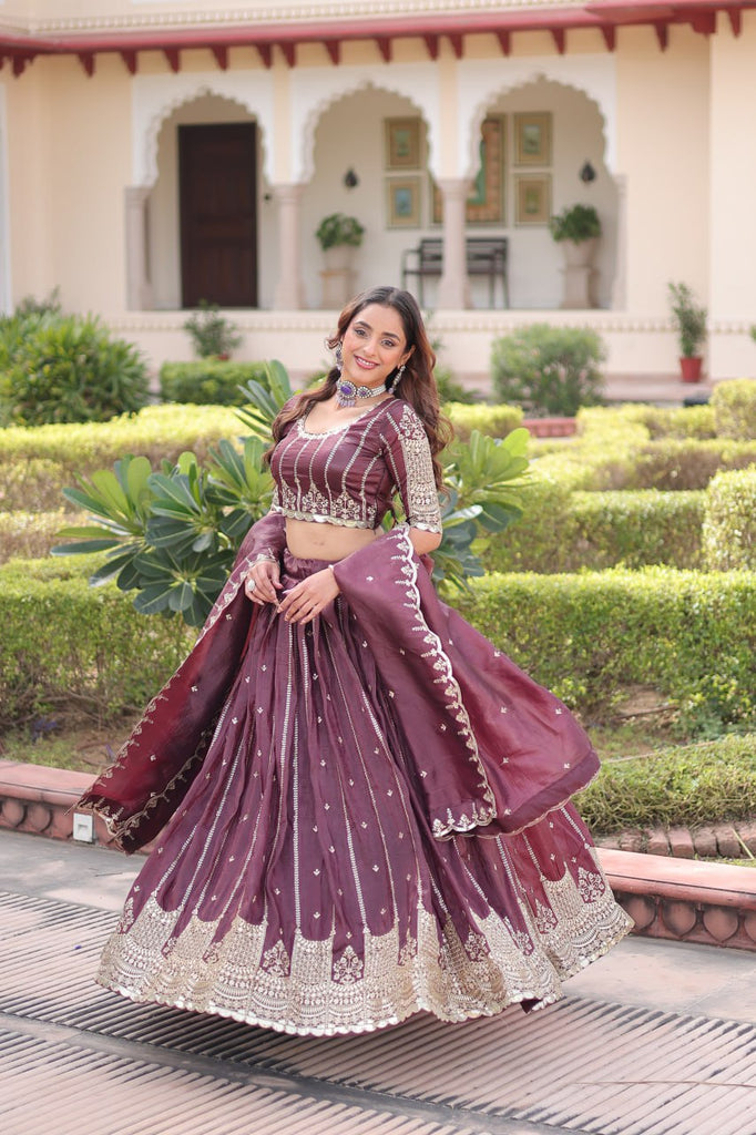 Wine Designer Gold Crush Sequins & Zari Embroidered Lehenga Choli Set with 3-Meter Flair & Lace Border Dupatta – Semi-Stitched Festive & Wedding Wear