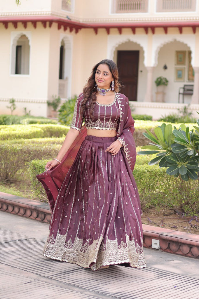 Wine Designer Gold Crush Sequins & Zari Embroidered Lehenga Choli Set with 3-Meter Flair & Lace Border Dupatta – Semi-Stitched Festive & Wedding Wear