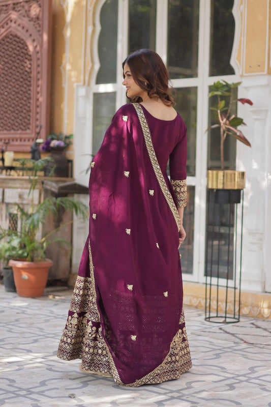 Wine Embroidered Anarkali Dress