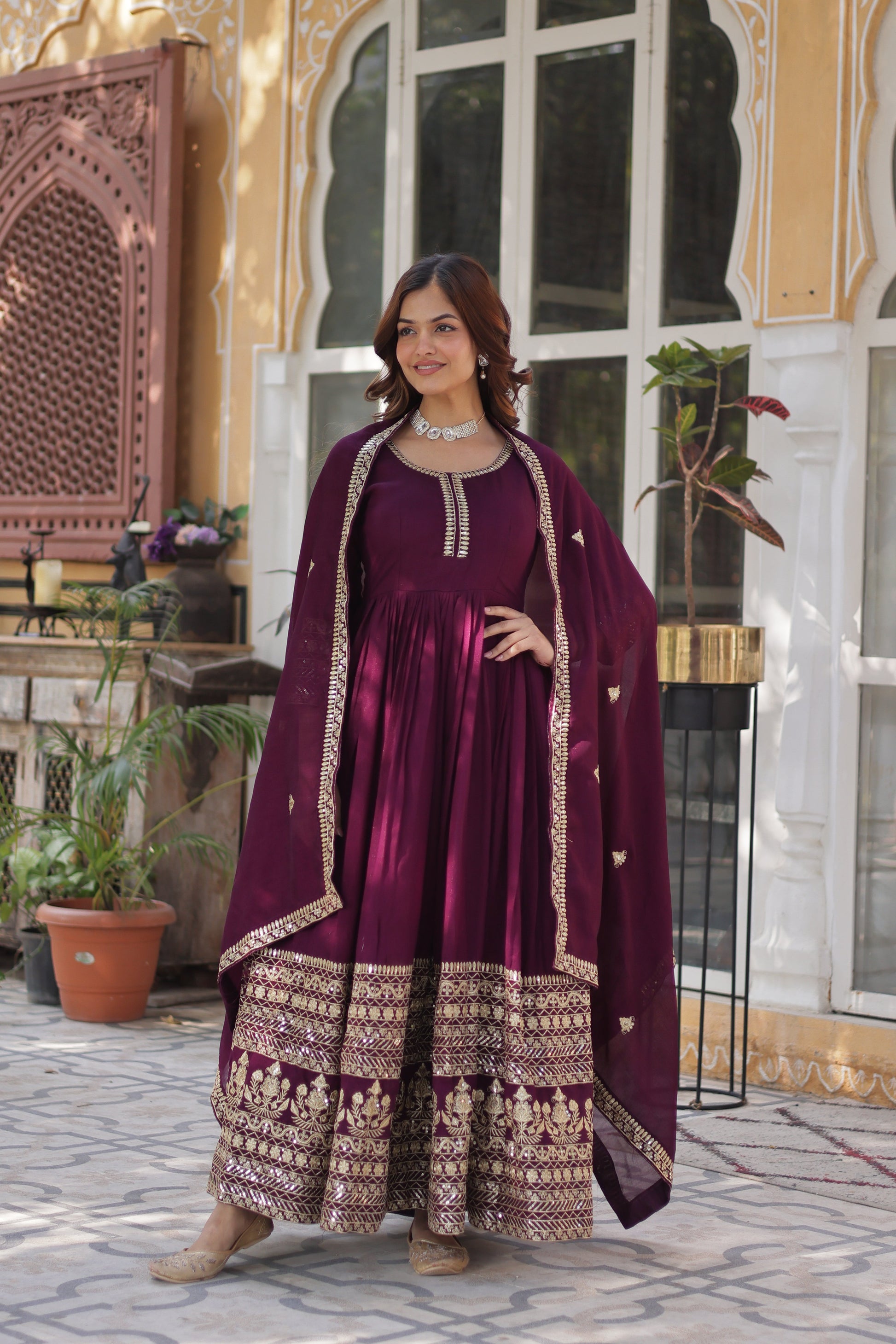 Wine Embroidered Anarkali Dress