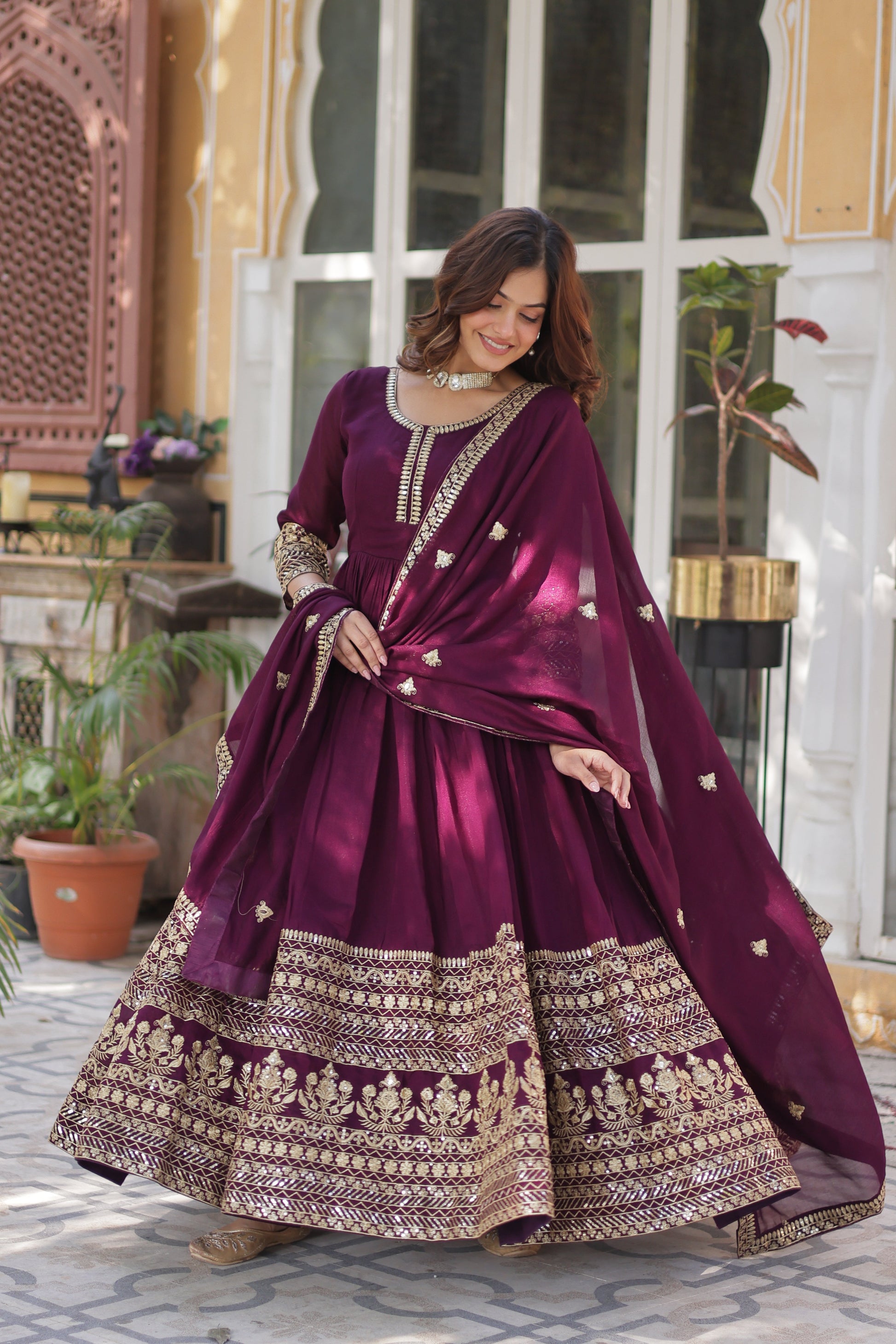 Wine Embroidered Anarkali Dress