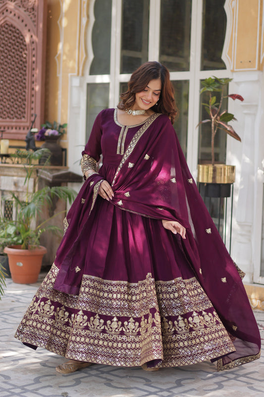 Wine Embroidered Anarkali Dress