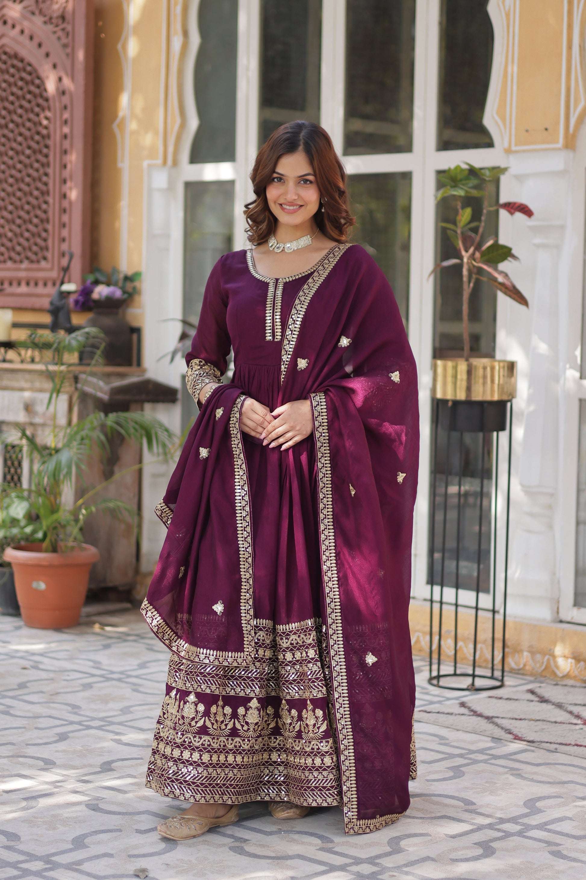 Wine Embroidered Anarkali Dress