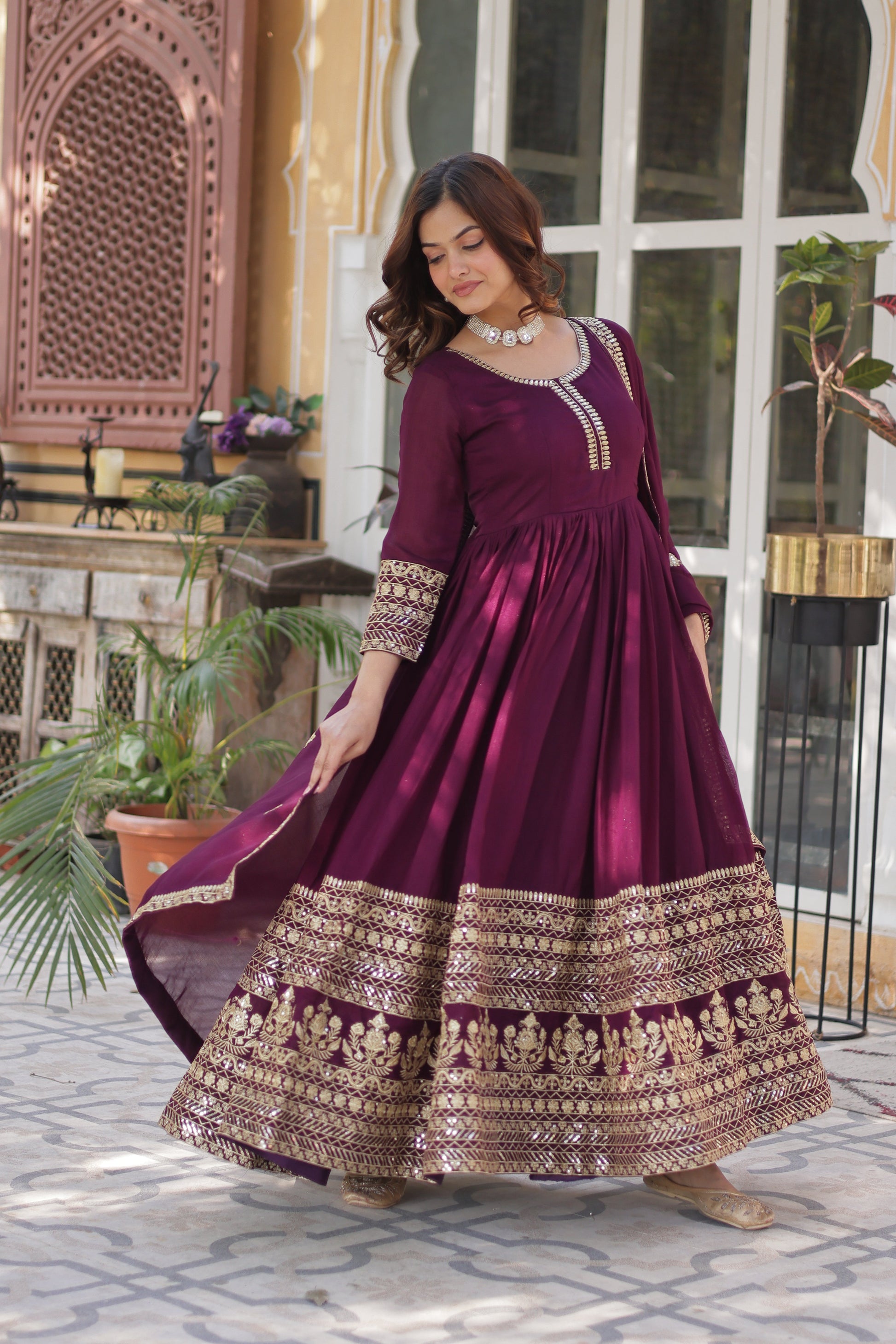 Wine Embroidered Anarkali Dress