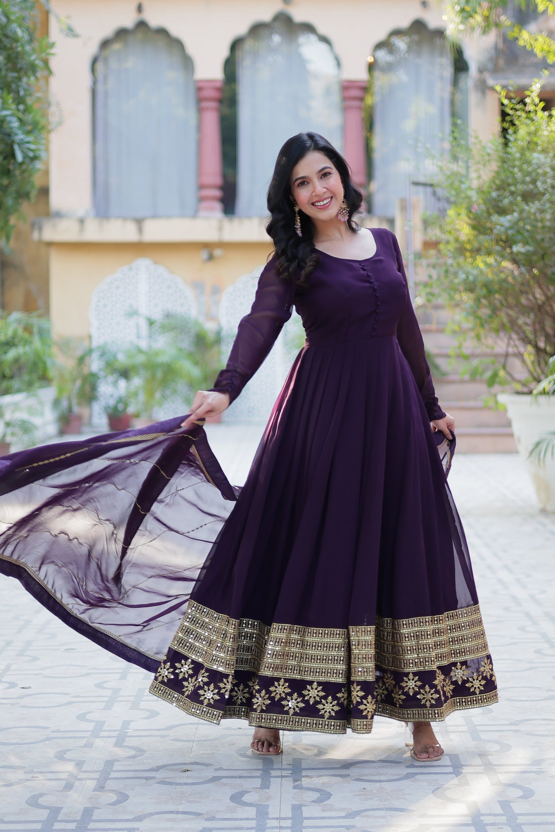Wine Georgette Embroidered  Gown 