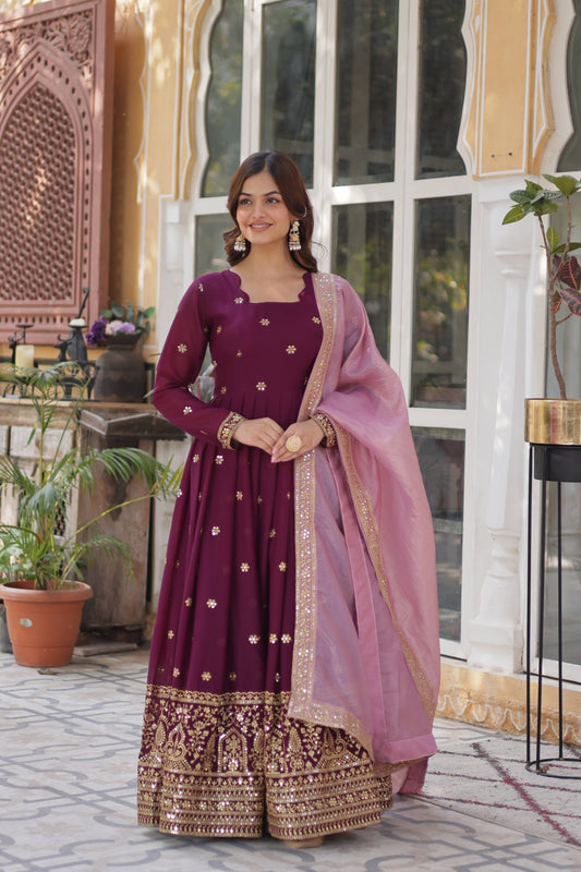 Wine Georgette Embroidery Ethnic Indian Dresses