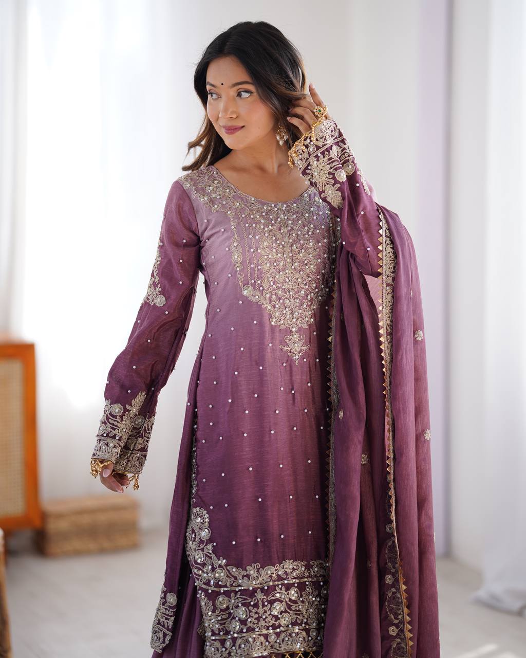 Wine Kurta Sharara Suit