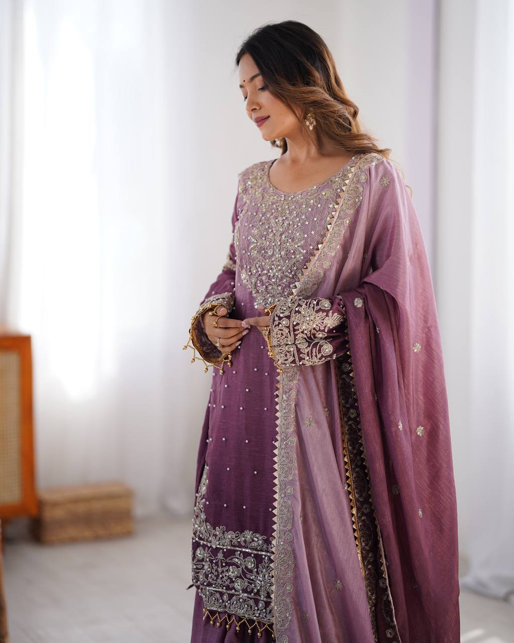 Wine Kurta Sharara Suit