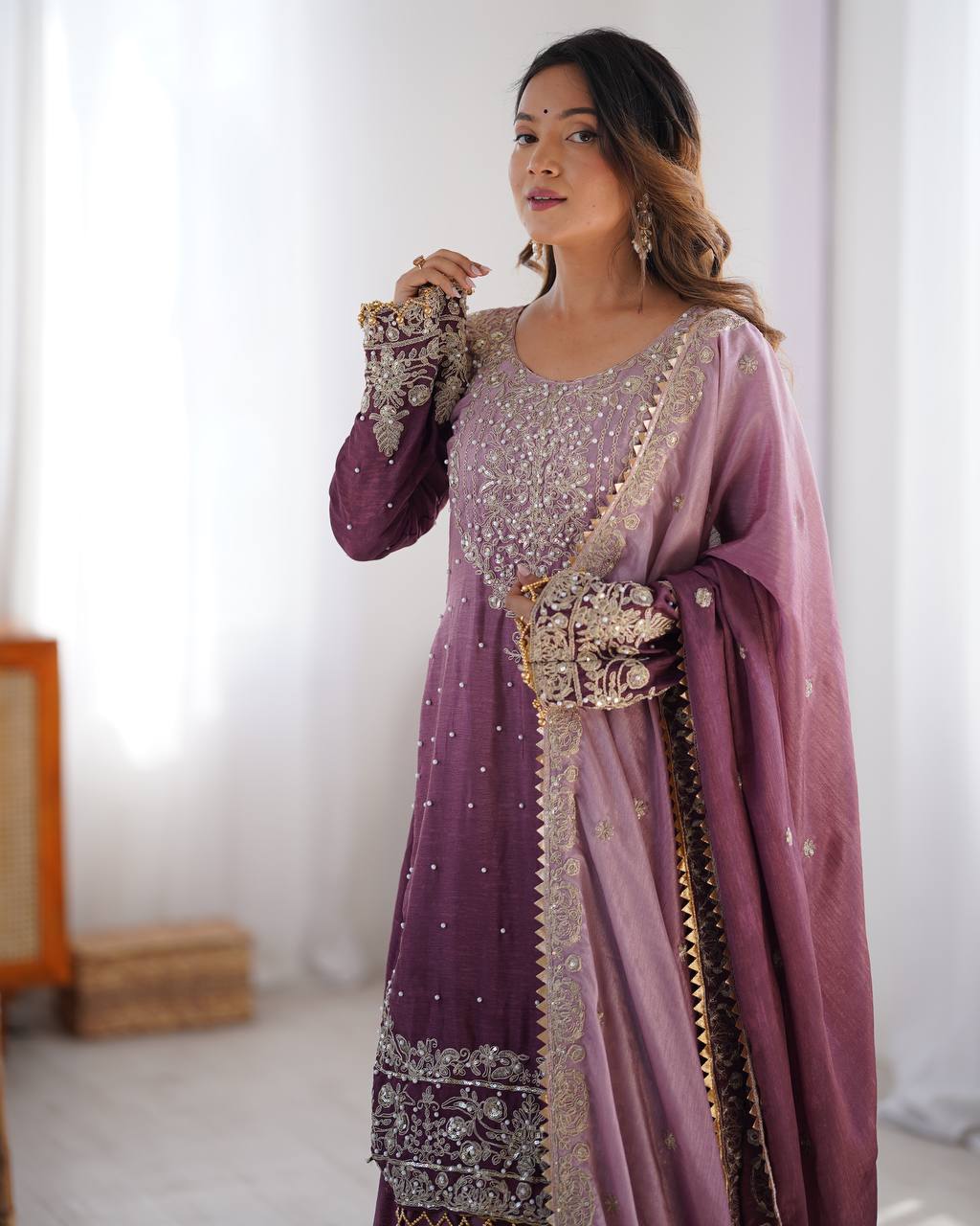 Wine Kurta Sharara Suit
