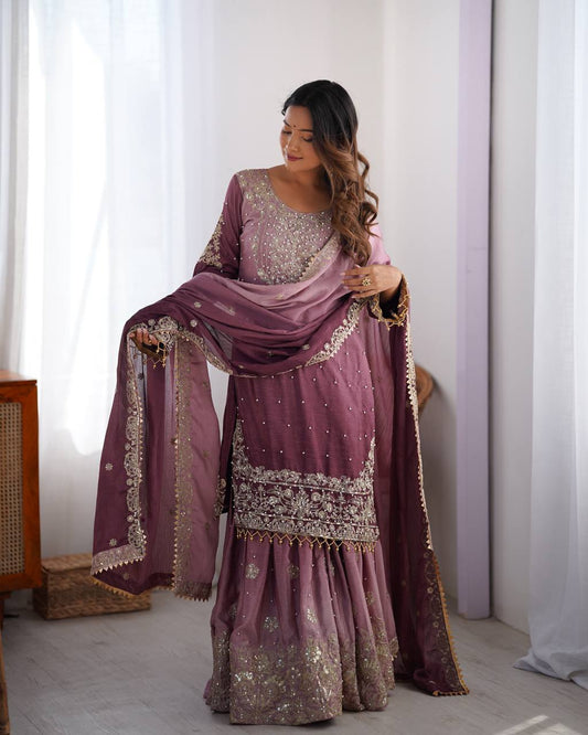 Wine Kurta Sharara Suit