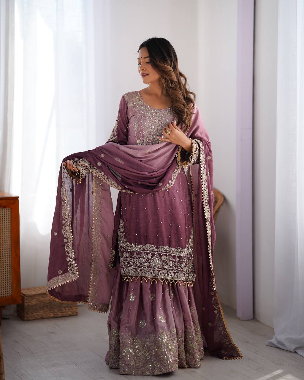 Wine Kurta Sharara Suit