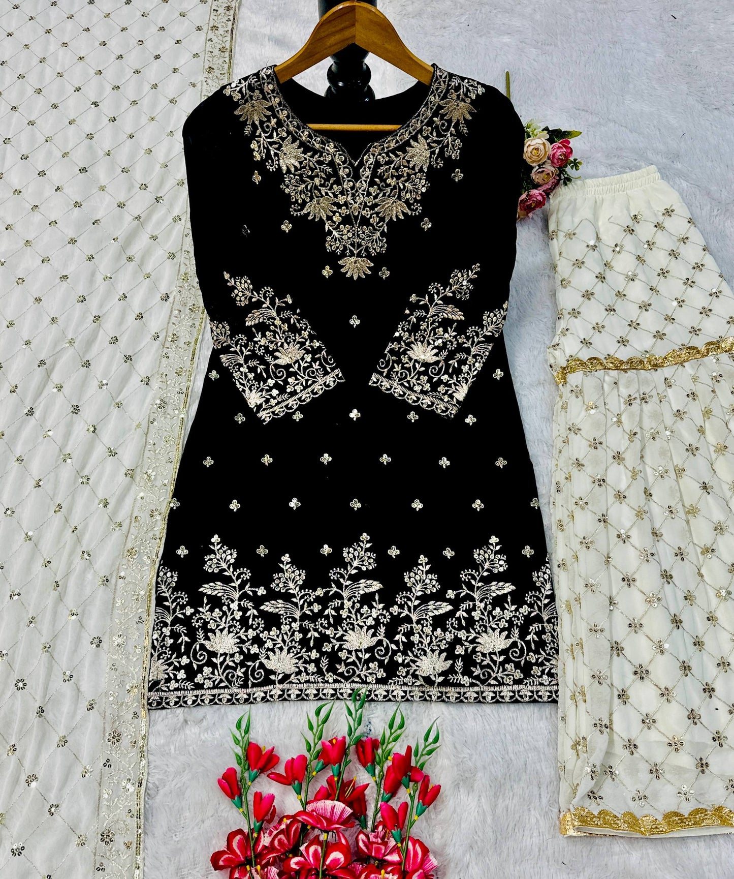 Women’s Designer Black Georgette Heavy Embroidered Sharara Suit For Festive & Partywear
