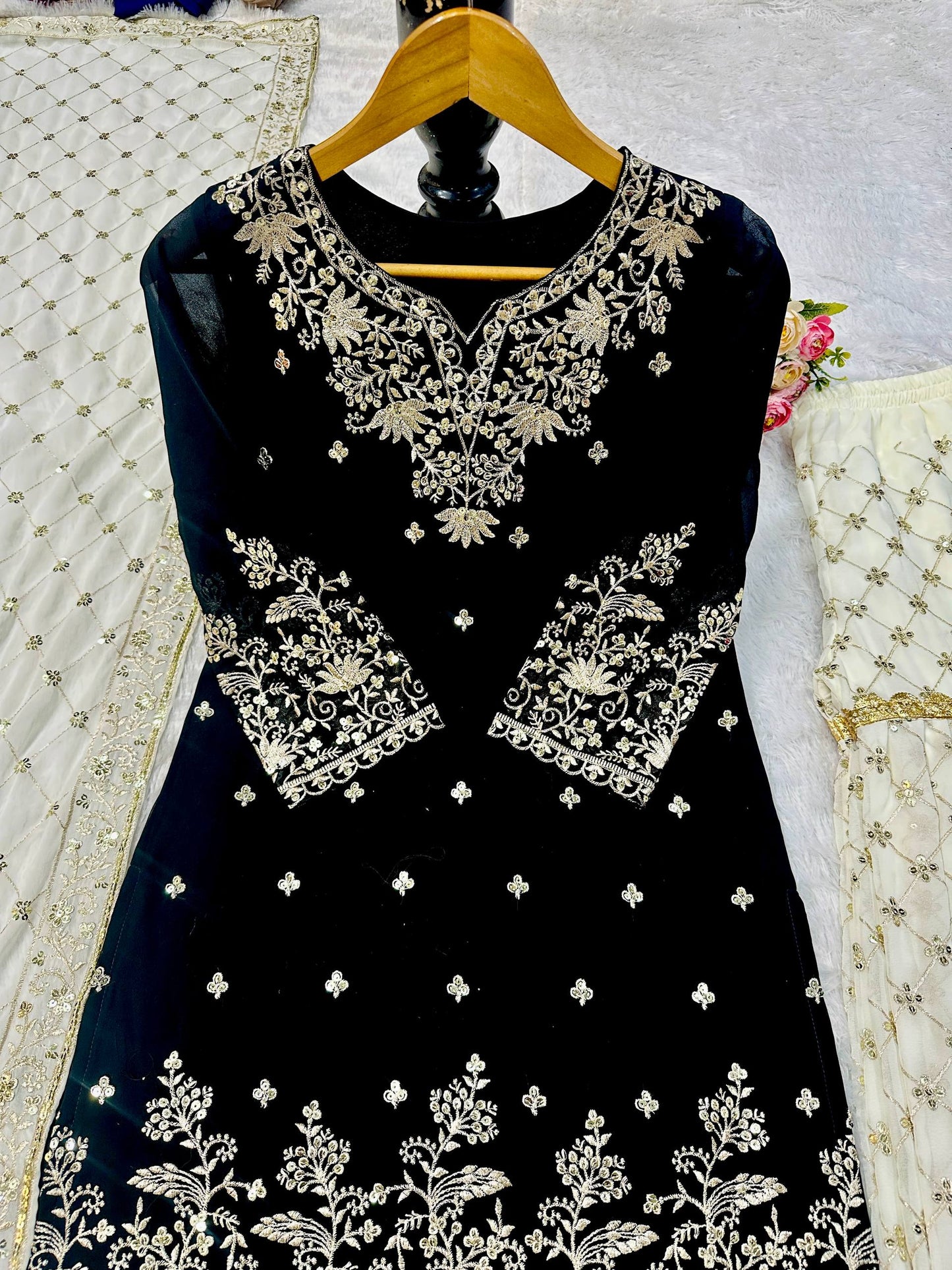 Women’s Designer Black Georgette Heavy Embroidered Sharara Suit For Festive & Partywear