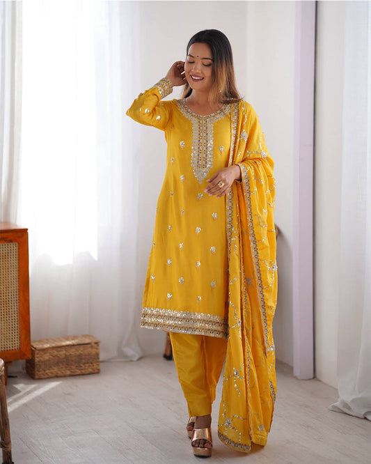 Yellow Color Chinon Silk Embroidered Three Piece Salwar Suit