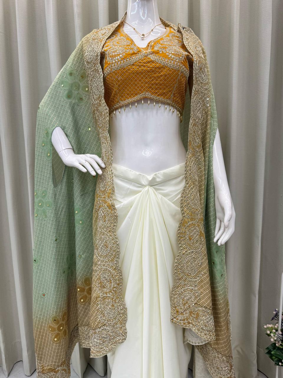 Yellow Embroidered Blouse with Cream Drape Skirt & Matching Dupatta Indo Western