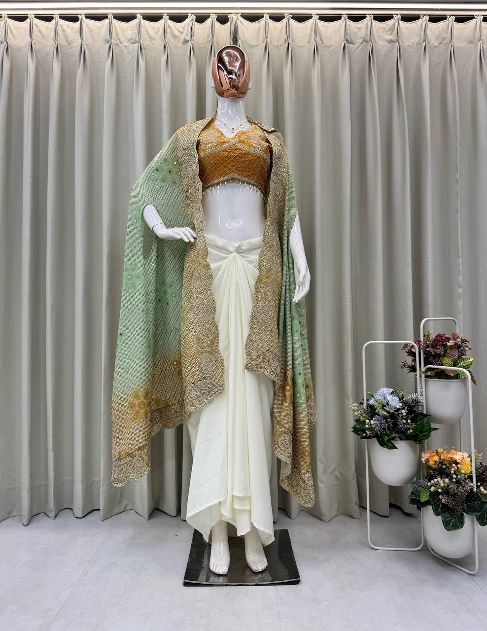 Yellow Embroidered Blouse with Cream Drape Skirt & Matching Dupatta Indo Western