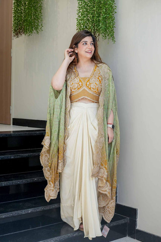 Yellow Embroidered Blouse with Cream Drape Skirt & Matching Dupatta Indo Western