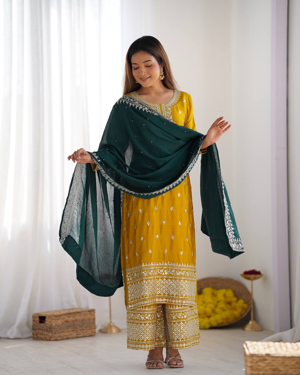 Yellow Chinnon Kurta Set 