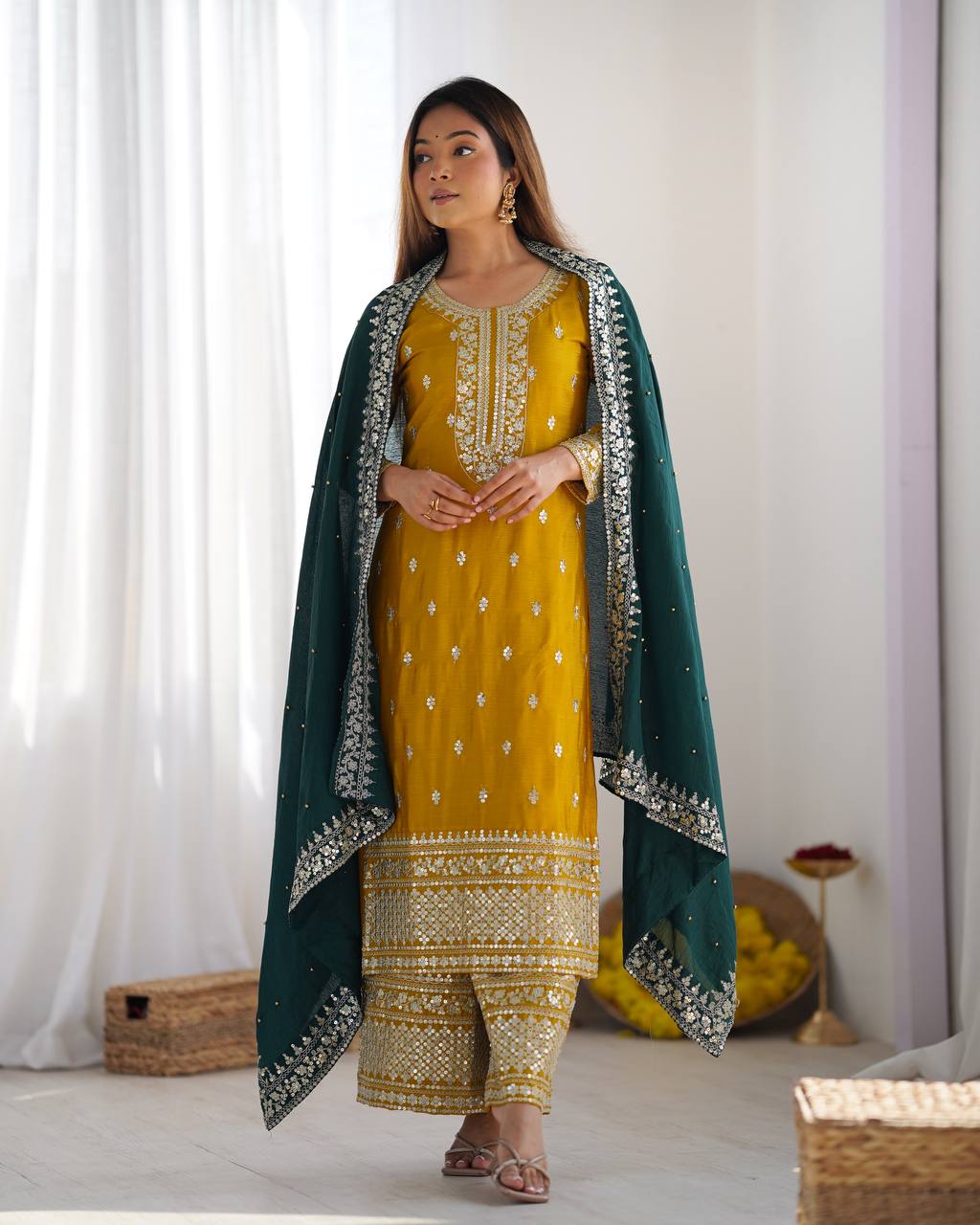 Yellow Chinnon Kurta Set 