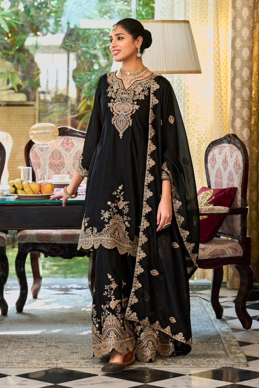 Zunaira Black Georgette Regular Fit Embroidered Kurta And Palazzo With Dupatta