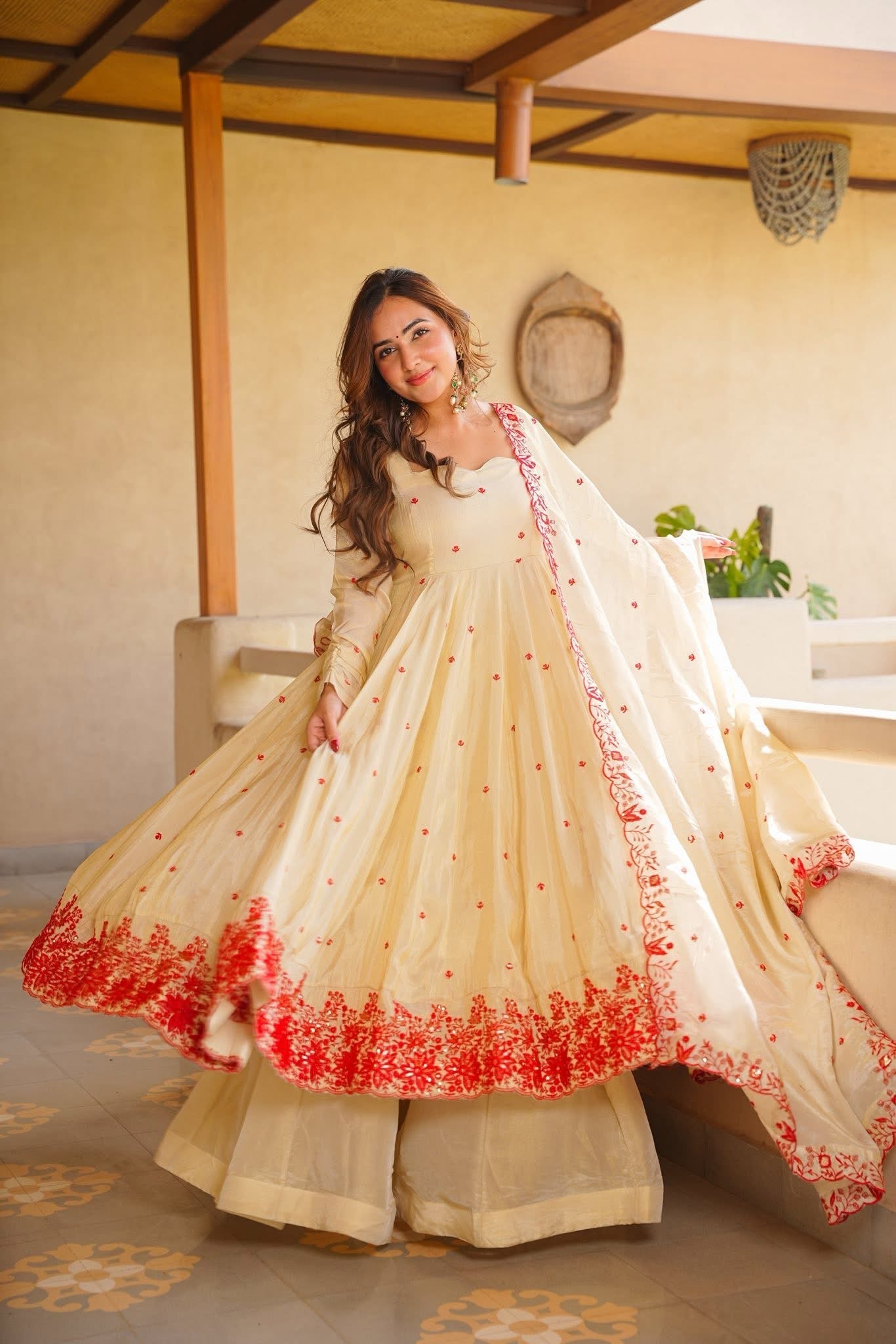 Beige Anarkali Suit With Dupatta For Women