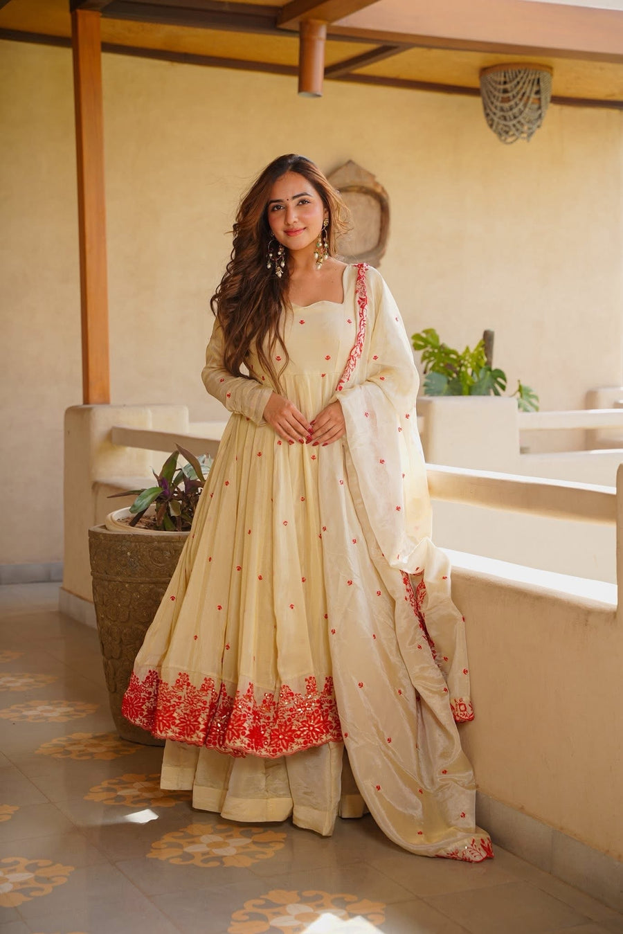 Beige Anarkali Suit With Dupatta For Women