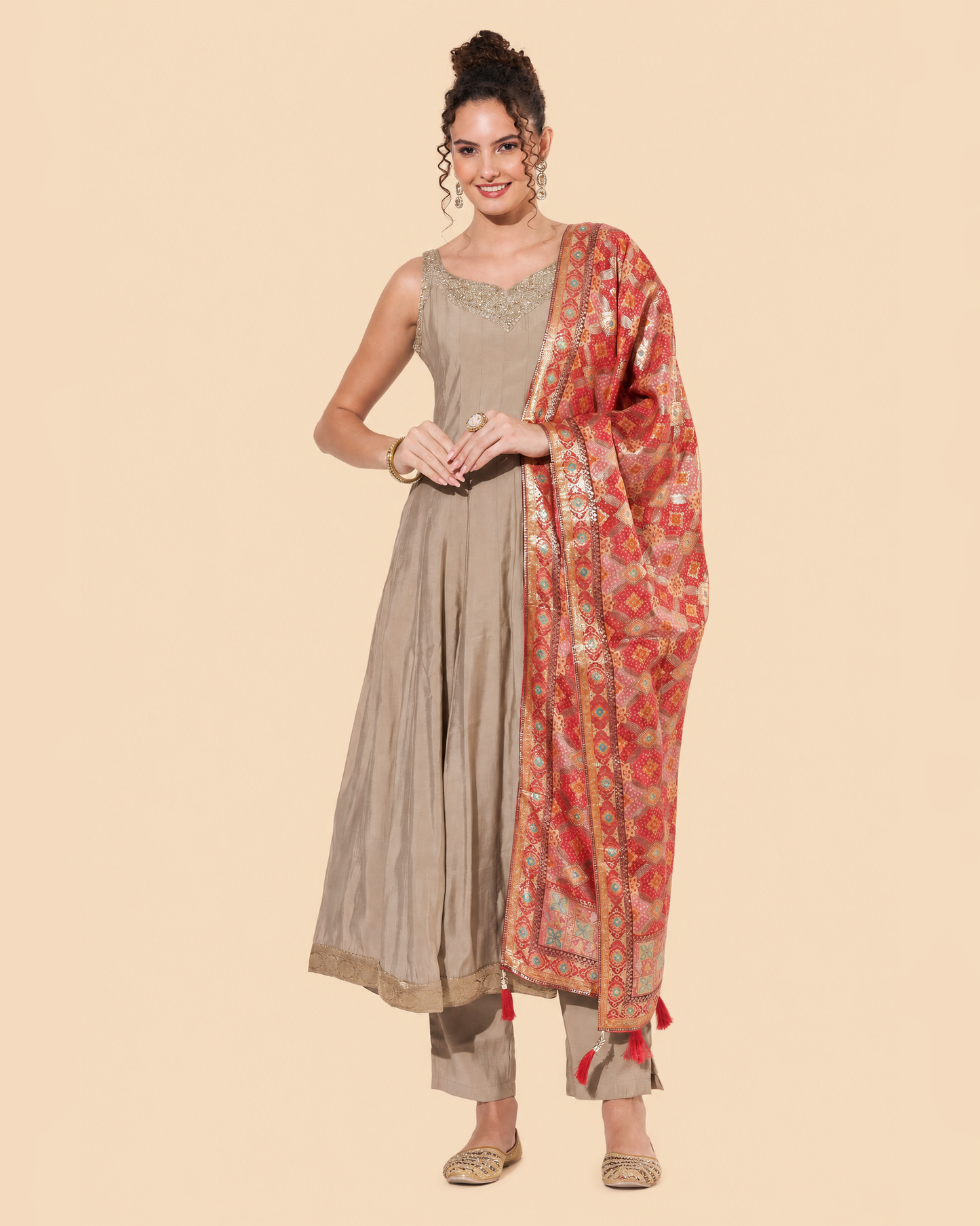 Beige Embellished Anarkali Suit with Foil Print Dupatta For Women