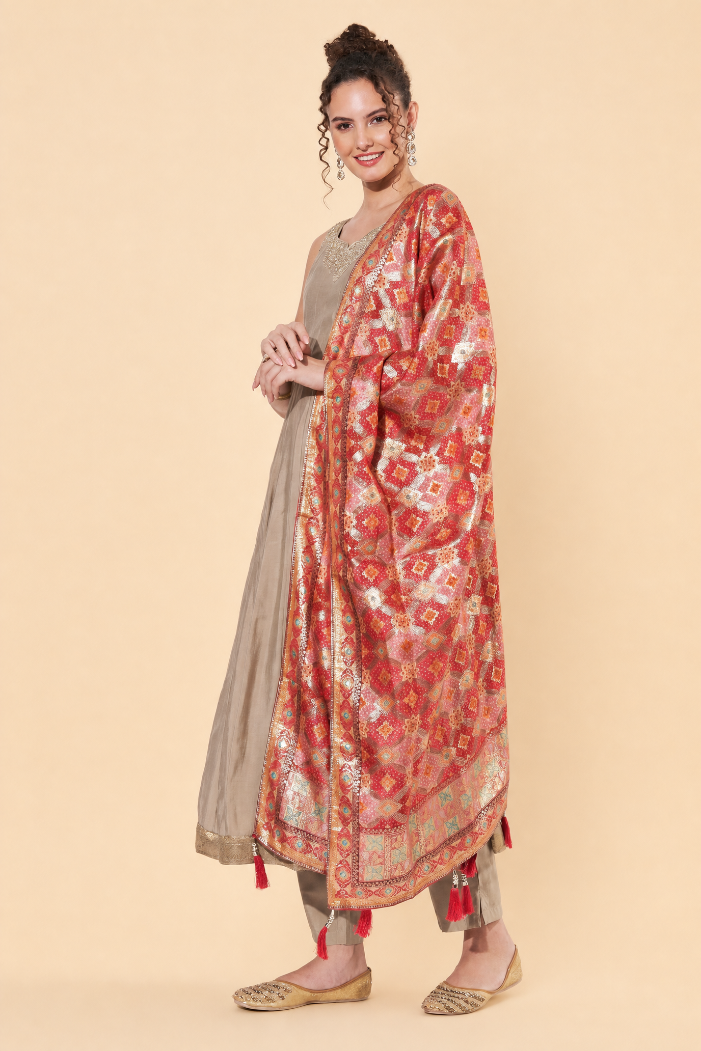 Beige Embellished Anarkali Suit with Foil Print Dupatta For Women
